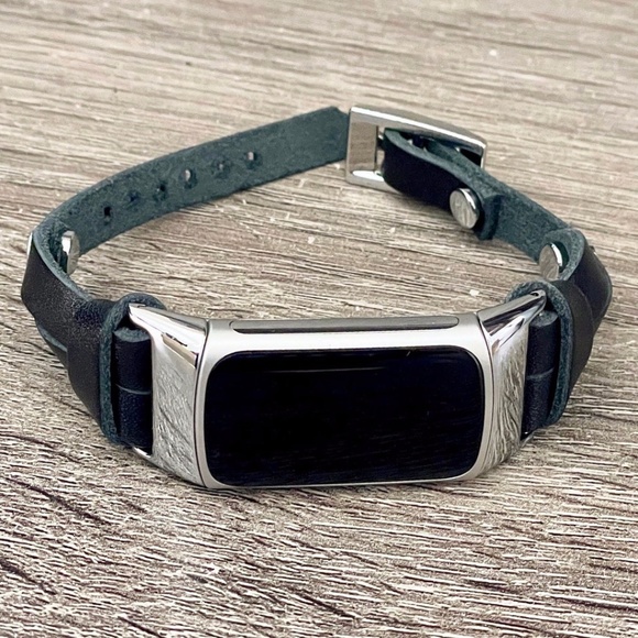 Slim Black Leather Strap Silver Fitbit Charge 5 Band Women Fashion Wristband - Picture 1 of 7